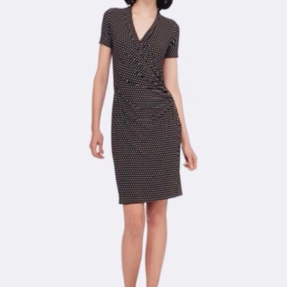 Norma Kamali Polka Dot Faux Wrap Short Sleeve Dress Black White - Picture 3 of 8